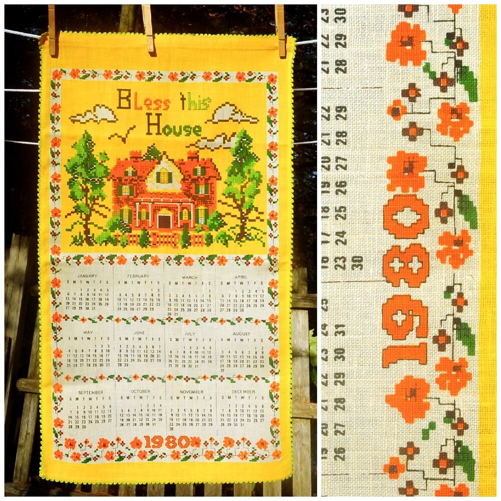 VTG 1980 Calendar Towel Bless This House Faux Cross Stitch Design Crochet Edge